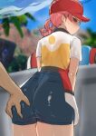  1girl 1other apron ass baseball_cap black_apron blue_shorts blush brown_pupils cameltoe chikan commentary_request counter dark-skinned_male dark_skin dh-zone fingernails from_behind grabbing_another&#039;s_ass groping hat high-waist_shorts highres joy_(pokemon) looking_back molestation outdoors palm_tree pink_eyes pink_hair poke_ball_print pokemon pokemon_center pokemon_sv profile public_indecency red_apron red_hat sexual_harassment shade shirt short_hair short_sleeves short_twintails shorts sideways_mouth sketch sky solo_focus spread_fingers sweatdrop thighs tree twintails white_apron white_shirt yellow_shirt 