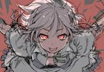 izayoi_sakuya looking_at_viewer lowres open_mouth red_background simple_background smile solo spanking_momoko touhou 