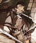  belt black_eyes black_hair cape highres jacket levi_(shingeki_no_kyojin) male_focus nyanko_33 paradis_military_uniform shingeki_no_kyojin solo sword thigh_strap three-dimensional_maneuver_gear weapon 