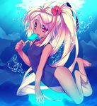  air_bubble barefoot blonde_hair breath bubble dark_skin diving diving_mask diving_mask_on_head flower food freediving hair_flower hair_ornament hibiscus kamitsurugi_ouka long_hair one-piece_swimsuit original ponytail popsicle red_eyes school_swimsuit snorkel solo swimming swimsuit underwater 