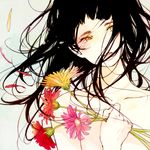  black_hair collarbone flower freckles holding kana_(kwbr) long_hair looking_away nude original petals solo tears upper_body yellow_eyes 