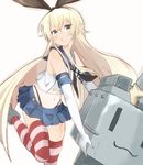  bare_shoulders black_panties blonde_hair blush elbow_gloves gloves hair_ribbon hibimegane kantai_collection long_hair navel open_mouth panties rensouhou-chan ribbon sailor_collar shimakaze_(kantai_collection) skirt solo striped striped_legwear thighhighs underwear white_gloves yellow_eyes 