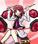  drum drum_set drumsticks horikawa_raiko ichimi instrument jacket mitsudomoe_(shape) necktie open_clothes open_jacket purple_neckwear red_eyes red_hair short_hair sitting sitting_on_drum sitting_on_object skirt tomoe_(symbol) touhou 