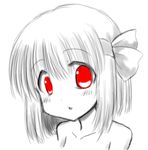  blush collarbone hair_ribbon iruru5666 looking_at_viewer monochrome nude open_mouth portrait red_eyes ribbon rumia sketch solo spot_color touhou 