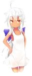  ahoge bare_shoulders bow collarbone dark_skin dress hair_ornament hand_on_hip head_tilt long_hair looking_at_viewer orange_eyes original simple_background sleeveless sleeveless_dress smile solo sundress tan tareme tilt-shift very_long_hair white_background white_dress white_hair 