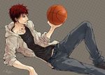  basketball denim hood hoodie jeans kagami_taiga kuroko_no_basuke male_focus nyanko_33 pants red_eyes red_hair shoes solo 