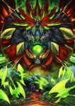  armor aura biomechanical bug_(getter_robo_arc) character_request destruction energy_axe extra_faces gattai getter_rays getter_robo getter_robo_arc getter_saint_dragon glowing glowing_eyes green_light green_sky highres mecha mecha_focus multiple_faces no_humans red_armor robot ruins shin_getter_robo sky super_robot upper_body yamanushi yellow_eyes 