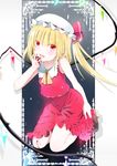  ascot bad_id bad_pixiv_id blonde_hair blood dress flandre_scarlet hat highres licking_hand red_eyes short_hair side_ponytail smile solo touhou wings yamada_ranga 