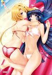  absurdres ass ball barefoot beach beachball bikini blonde_hair blue_hair butt_crack dutch_angle ellen_aice feet front-tie_top girl_on_top green_eyes highres huge_filesize looking_back lying miono_shizuku multiple_girls muvluv muvluv_alternative navel official_art on_back purple_eyes red_hair scan sendou_yuzuka shiny shiny_skin side-tie_bikini skindentation soles striped striped_bikini striped_swimsuit summer swimsuit utsugi_ryou 