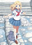  ayase_arisa blonde_hair blue_eyes from_above full_body hair_ornament hairclip loafers long_hair looking_at_viewer love_live! love_live!_school_idol_project open_mouth outdoors outstretched_arms pleated_skirt school_uniform see-through serafuku shoes skirt smile socks solo spread_arms stairs standing takayaki water 