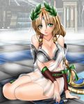  1041_(toshikazu) 1girl blonde_hair bracer bracers breasts cleavage green_eyes large_breasts long_hair looking_at_viewer see-through sitting solo sophitia_alexandra soul_calibur soulcalibur_iii tears thighs yokozuwari 