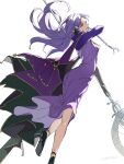  1girl black_footwear blue_eyes blue_hair blush braid breasts carimarica dress fate/grand_order fate/stay_night fate_(series) highres holding holding_staff long_hair long_sleeves looking_at_viewer medea_(fate) pointy_ears purple_dress purple_hair purple_lips side_braid simple_background small_breasts smile solo staff white_background 