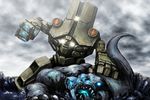  battle blood character_request cherno_alpha clenched_hand highres injury kaijuu mecha mechanical_arms monster no_humans ocean pacific_rim realistic science_fiction sky super_robot 
