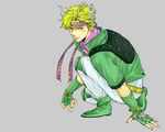  blonde_hair caesar_anthonio_zeppeli facial_mark feathers fingerless_gloves gloves green_eyes green_jacket hair_feathers headband jacket jojo_no_kimyou_na_bouken kock_k male_focus scarf solo 