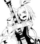  1girl bass_guitar freckles guitar guitar_pick gym_leader hair_bobbles hair_ornament homika_(pokemon) instrument looking_at_viewer monochrome nintendo open_mouth plectrum pokemon pokemon_(game) pokemon_bw2 shirt short_hair solo striped striped_shirt topknot 