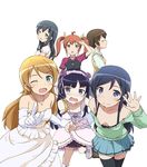  :o ;d aragaki_ayase bare_shoulders black_hair blue_eyes blush brown_eyes brown_hair crossed_arms downblouse dress elbow_gloves fang frills glasses gloves gokou_ruri green_eyes hairband highres jewelry kousaka_kirino kurusu_kanako long_hair makishima_saori multiple_girls necklace one_eye_closed open_mouth orange_hair ore_no_imouto_ga_konna_ni_kawaii_wake_ga_nai purple_eyes raglan_sleeves red_hair short_hair smile sweater_vest tamura_manami twintails utamaru_(konomix) waving wavy_mouth 