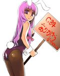  animal_ears ass back black_legwear bow bowtie breasts bunny_ears bunny_tail bunnysuit cleavage crescent fake_animal_ears holding holding_sign leotard long_hair looking_back medium_breasts open_mouth pantyhose patchouli_knowledge purple_eyes purple_hair sign solo tail touhou wrist_cuffs yuu_(kfc) 