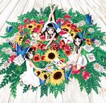  barefoot black_hair blue_eyes bug butterfly drawing dress flower highres insect lakuhito long_hair lying multiple_girls on_stomach original paintbrush painting short_hair sitting sunflower 