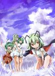  :&lt; :d ^_^ antennae bare_legs barefoot bow cape child closed_eyes couple dress grass green_eyes green_hair if_they_mated ips_cells kazami_yuuka long_hair mother_and_daughter multiple_girls older open_mouth pregnant red_eyes short_hair smile touhou white_dress wriggle_nightbug yohane yuri 