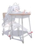  1girl absurdres ahoge animal_ears blush cat_ears cat_girl cat_tail chair closed_eyes desk fang highres kurobeko_(kur0bek0) long_hair open_mouth original pantyhose school_chair school_desk shadow shoes sidelocks simple_background skirt stretching striped_clothes striped_skirt sweater tail teeth upper_teeth_only uwabaki white_background white_hair white_pantyhose yawning 