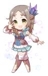  1girl :d atelier_(series) atelier_firis blue_shirt blue_skirt blush boots braid brown_footwear brown_hair chibi commentary_request cropped_jacket crystal_hair_ornament detached_sleeves firis_mistlud full_body green_eyes hand_up highres kinakonato long_hair long_sleeves looking_at_viewer open_hand open_mouth parted_bangs pleated_skirt shirt skirt smile solo standing thigh_boots white_background 