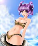  1041_(toshikazu) 1girl :d adapted_costume alternate_costume bikini breasts cleavage cloud innertube looking_at_viewer midriff navel open_mouth purple_eyes purple_hair short_hair sky smile solo soul_calibur soulcalibur_iii swimsuit tira tira_(soulcalibur) 