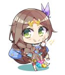  1girl :q applepie_1201 atelier_(series) atelier_firis backpack bag blue_skirt braid brown_bag brown_hair chibi closed_mouth commentary_request crystal_hair_ornament firis_mistlud full_body green_eyes hand_up highres holding holding_staff long_hair looking_at_viewer parted_bangs pleated_skirt simple_background skirt smile solo sparkle staff standing tongue tongue_out white_background 
