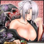  1041_(toshikazu) 1girl areola_slip areolae breasts cleavage eyeshadow finger_to_mouth green_eyes huge_breasts isabella_valentine japanese_clothes kimono looking_at_viewer makeup no_bra purple_hair short_hair solo soul_calibur soulcalibur_iii sword weapon yukata 
