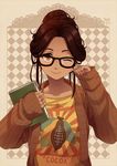  ;) book brown_eyes brown_hair cardigan closed_mouth cocoa_(meago) collarbone dark_skin glasses hair_bun meago one_eye_closed open_cardigan open_clothes original ribbed_sweater shirt smile solo sweater t-shirt updo 