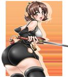  1041_(toshikazu) 1girl :d alternate_costume ass black_legwear brown_eyes brown_hair chai_xianghua from_behind hair_ornament huge_ass looking_at_viewer looking_back open_mouth short_hair smile solo soul_calibur soulcalibur_iii sword thighhighs weapon 
