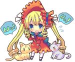  &gt;_&lt; :3 biting biting_clothes blonde_hair blue_eyes blush bonnet capelet cat chibi chocolat_(momoiro_piano) closed_eyes commentary dress dress_tug flying_sweatdrops lolita_fashion long_hair no open_mouth red_capelet red_dress rozen_maiden shinku solo twintails very_long_hair |_| 