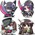  aircraft airplane akagi_(kantai_collection) akaneya archery arrow bow_(weapon) brown_eyes brown_hair bucket character_doll chibi eyepatch glaive heart kantai_collection kyuudou long_hair mecha_musume mechanical_halo multiple_girls muneate polearm purple_eyes purple_hair quiver rice rice_spoon ryuujou_(kantai_collection) sandals school_uniform scroll short_hair sitting skirt smile sword tatsuta_(kantai_collection) tenryuu_(kantai_collection) twintails visor_cap wariza weapon white_background yellow_eyes 