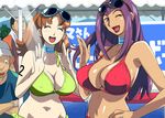  2girls bikini blush breasts brown_hair choker cleavage curvy dark_skin eyes_closed green_bikini jewelry large_breasts lipstick long_hair makeup multiple_girls ojamajo_doremi purple_eyes purple_hair red_bikini ring seki-sensei sunglasses sunglasses_on_head swimsuit tan volvox waving wink 