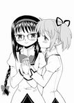  akemi_homura ayanero_taicho bow braid glasses greyscale hair_ribbon hairband kaname_madoka long_hair mahou_shoujo_madoka_magica monochrome multiple_girls ribbon school_uniform short_hair smile twin_braids twintails upper_body yuri 