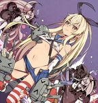  &gt;_&lt; :3 anchor anchor_hair_ornament anchorage_hime armored_aircraft_carrier_oni bandaid black_panties blonde_hair blush breasts closed_eyes elbow_gloves gloves hair_ornament hairband hex_grid kantai_collection lifebuoy long_hair multiple_girls navel pale_skin panties por rensouhou-chan shimakaze_(kantai_collection) shinkaisei-kan silver_hair skirt small_breasts smile striped striped_legwear thighhighs underwear white_gloves yellow_eyes 