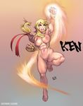  abs armpits barefoot blonde_hair brown_eyes character_name clenched_hands eyebrows fingerless_gloves fire flame genderswap genderswap_(mtf) gloves hair_ribbon ken_masters long_hair lost-tyrant low-tied_long_hair muscle navel nipples nude open_mouth pussy ribbon shouryuuken solo street_fighter street_fighter_zero_(series) thick_eyebrows toes uppercut watermark 