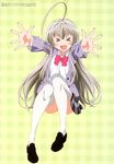  absurdres ahoge artist_request bow bowtie full_body green_background haiyore!_nyaruko-san highres long_hair long_sleeves nyarlathotep_(nyaruko-san) official_art outstretched_arm palms pink_bow pink_neckwear simple_background thighhighs very_long_hair white_legwear wince 