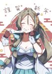  1girl ^_^ atelier_(series) atelier_firis blue_jacket blush breasts brown_gloves brown_hair cleavage closed_eyes closed_mouth commentary_request eating facing_viewer fingerless_gloves firis_mistlud food gloves hair_ornament hand_on_own_cheek hand_on_own_face hands_up happy_new_year highres hood hood_down jacket long_hair medium_breasts mochi mochi_trail parted_bangs ponytail shirt smile solo translation_request upper_body white_shirt yanu 