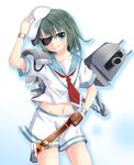  behe_(sky_13) belt blue_eyes cannon eyepatch green_hair hand_on_hip hat highres kantai_collection kiso_(kantai_collection) long_hair pauldrons sailor_collar shorts shoulder_cannon solo 