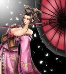  1041_(toshikazu) 1girl bare_shoulders breasts brown_eyes brown_hair cleavage double_bun earrings eyeshadow geisha hair_ornament hoop_earrings japanese_clothes jewelry large_breasts lipstick looking_at_viewer makeup nail_polish oiran red_nails setsuka solo soul_calibur soulcalibur_iii umbrella 