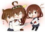  ahoge bad_id bad_pixiv_id brown_eyes brown_hair closed_eyes folded_ponytail hairband ikazuchi_(kantai_collection) inazuma_(kantai_collection) kantai_collection katori_(quietude) kongou_(kantai_collection) long_hair multiple_girls one_eye_closed open_mouth pantyhose pleated_skirt school_uniform serafuku short_hair skirt smile 