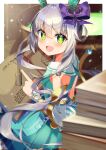 +_+ 1girl :d absurdres animal_ears applepie_1201 atelier_(series) atelier_sophie_2 bare_shoulders blue_dress blurry blurry_background blush book book_stack border bow brown_background cowboy_shot dress excited fake_animal_ears green_eyes grey_hair hair_between_eyes hair_bow highres holding holding_book long_hair looking_at_viewer open_book open_mouth outside_border plachta pointing purple_bow sidelocks sitting smile solo white_border 