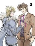  bad_id bad_pixiv_id blonde_hair brown_hair caesar_anthonio_zeppeli cape chikaka cosplay dio_brando dio_brando_(cosplay) feathers formal green_eyes hair_feathers jojo_no_kimyou_na_bouken jonathan_joestar jonathan_joestar_(cosplay) joseph_joestar_(young) multiple_boys ribbon suit 
