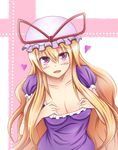  blonde_hair blush breasts cleavage colorized delta_yamato hat heart long_hair looking_at_viewer medium_breasts open_mouth purple_eyes smile solo touhou very_long_hair yakumo_yukari zetsumame 