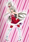  absurdres ahoge artist_request bare_shoulders boots christmas contrapposto dress full_body fur_trim grey_hair haiyore!_nyaruko-san hand_puppet highres knee_boots long_hair looking_at_viewer nyarlathotep_(nyaruko-san) official_art pom_pom_(clothes) puppet red_dress red_legwear red_skirt santa_costume simple_background skirt sleeveless sleeveless_dress standing striped striped_background thighhighs white_footwear white_legwear 