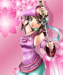  1041_(toshikazu) 1girl :d brown_eyes brown_hair chai_xianghua detached_sleeves looking_at_viewer nail_polish open_mouth pink_nails smile solo soul_calibur soulcalibur_iii sword weapon 