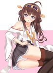  ahoge bad_id bad_pixiv_id bare_shoulders behe_(sky_13) blue_eyes blush boots breasts brown_hair cleavage detached_sleeves double_bun hairband headgear highres japanese_clothes kantai_collection kongou_(kantai_collection) legs_together long_hair lying nontraditional_miko panties pantyshot pantyshot_(lying) small_breasts solo thigh_boots thighhighs underwear upskirt white_panties wide_sleeves 