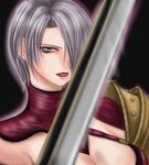  1041_(toshikazu) 1girl blue_eyes breasts cleavage hair_over_one_eye isabella_valentine looking_at_viewer lowres solo soul_calibur soulcalibur_ii sword very_short_hair weapon 