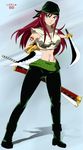  absurdres boots breasts cosplay dual_wielding erza_scarlet fairy_tail highres large_breasts long_hair midriff one_piece parody red_hair roronoa_zoro roronoa_zoro_(cosplay) sword tattoo weapon 