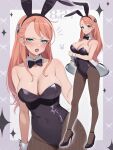  1girl aida_rayhunton alternate_costume animal_ears black_bow black_bowtie black_footwear black_hairband black_leotard black_pantyhose blush bow bowtie breasts campbell_xx cleavage commentary_request dated detached_collar fake_animal_ears fake_tail fishnet_pantyhose fishnets green_eyes gundam gundam_g_no_reconguista hair_ornament hairband high_heels highleg highleg_leotard highres holding holding_tray large_breasts leotard long_hair looking_at_viewer multiple_views open_mouth pantyhose parted_lips pink_hair playboy_bunny rabbit_ears rabbit_tail short_eyebrows standing strapless strapless_leotard strappy_heels tail teeth tray upper_teeth_only v-shaped_eyebrows very_long_hair white_wrist_cuffs wrist_cuffs 